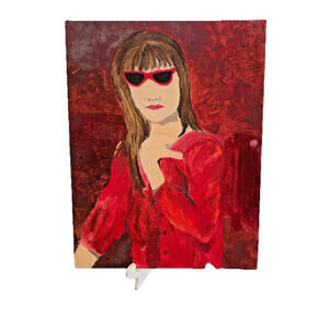 Original Acrylic Painting 14x18 – Fashion Portrait Woman in Red Hat & Sunglasses